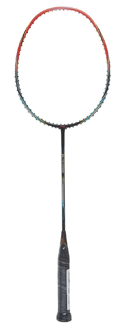 The Li-Ning Black Iron 4U Badminton Racket - Fire Red features a sleek black design with a red and black gradient frame, crafted from high-grade carbon. Its handle has a black grip, and the shaft is enhanced with colorful accents on a white background.