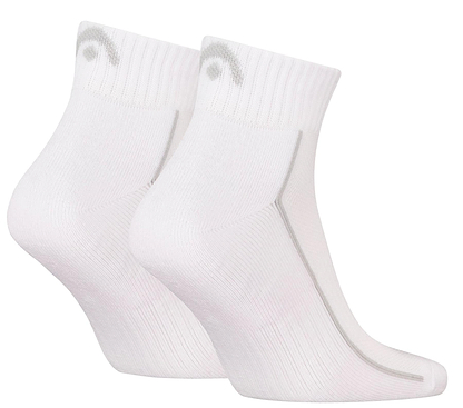 HEAD Performance Quarter Badminton Socks - White (2 Pack) by HEAD, featuring cushioned soles and a subtle gray design near the cuff, are displayed side by side on a white background.