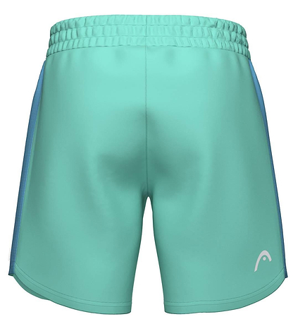 HEAD Power Men's Badminton Shorts in turquoise, shown from the back, feature an elastic waistband, light blue side panels, and a small white HEAD logo on the lower right leg.