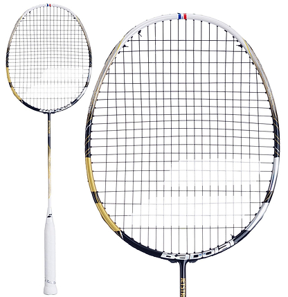 The Babolat Jetstream 80 4U badminton rackets feature a white grip and a gold, black, and white frame. One racket is fully visible, highlighting its precision with tightly woven strings, while the other subtly showcases its impressive manoeuvrability from the side.