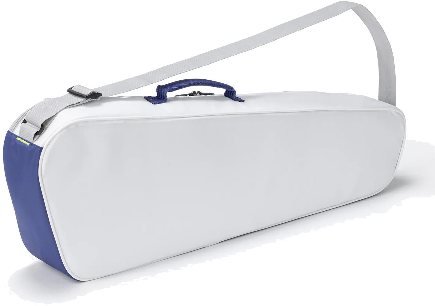 The Yonex BA52523EX Club 3 Racket Badminton Bag in white and blue features a gray adjustable shoulder strap and a small blue handle, making it a lightweight, easy-to-carry option for badminton players.