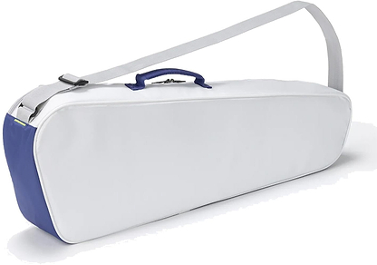 The Yonex BA52523EX Club 3 Racket Badminton Bag in white and blue features a gray adjustable shoulder strap and a small blue handle, making it a lightweight, easy-to-carry option for badminton players.
