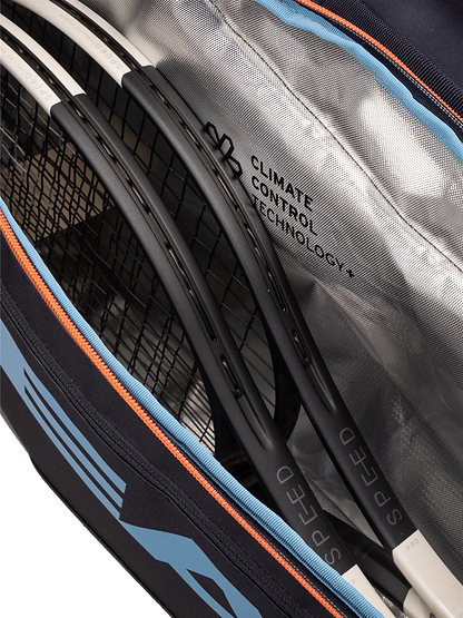 Close-up of a HEAD Pro 9 Racket Badminton Bag L - Navy with three black racquets inside, featuring “SPEED” branding and CCT+ lining for performance and protection, just like those used by top athletes.