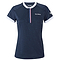This Tecnifibre Women's F3 Polo Shirt, crafted from performance polyester, is presented in marine blue with white accents on the sleeves and collar. A button-up front is highlighted with striking tricolour detailing of red, white, and blue stripes, and the iconic Tecnifibre logo can be found adorning both the chest and sleeve.