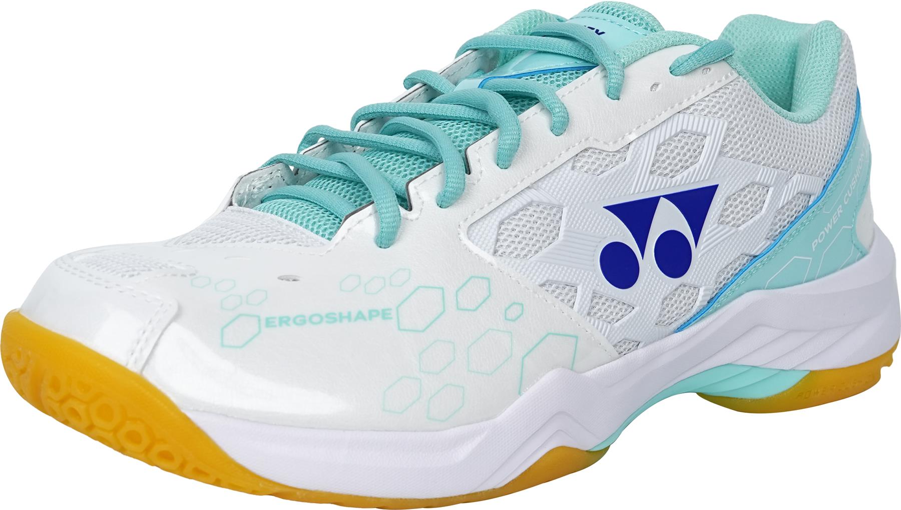 The Yonex Power Cushion SHB 101 Badminton Shoes in White/Mint feature shock-absorption, a geometric hexagon pattern, mint laces, a light blue interior, yellow sole, and a blue Yonex logo on the side.