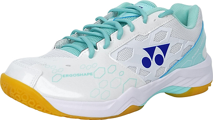 The Yonex Power Cushion SHB 101 Badminton Shoes in White/Mint feature shock-absorption, a geometric hexagon pattern, mint laces, a light blue interior, yellow sole, and a blue Yonex logo on the side.