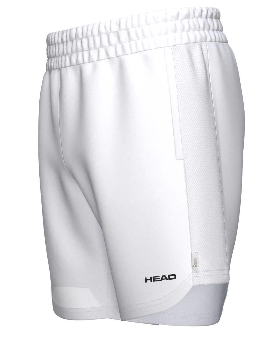 HEAD Power Mens Badminton Shorts in white feature an elastic waistband and black HEAD logo on the lower left leg. Lightweight and breathable, they're ideal for sports or activewear.