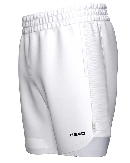 HEAD Power Mens Badminton Shorts in white feature an elastic waistband and black HEAD logo on the lower left leg. Lightweight and breathable, they're ideal for sports or activewear.