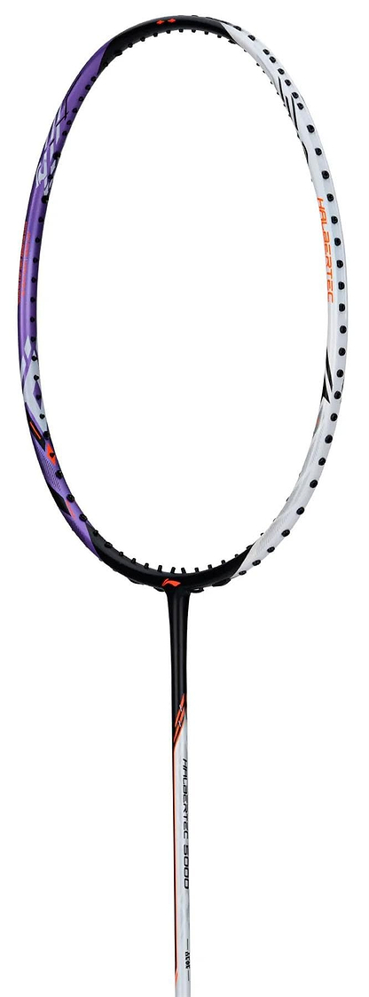 The Li-Ning Halbertec 5000 3U Badminton Racket in white and purple features a durable, high modulus graphite frame with orange accents and branding, shown against a white background.