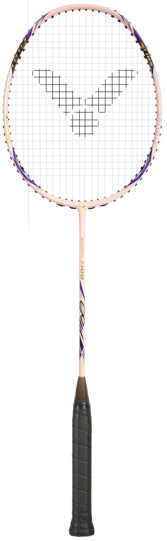 The Victor Auraspeed 7100 4U Badminton Racket by Victor features a pink and purple frame, black logo-patterned strings, and a black grip handle, displayed against a white background.