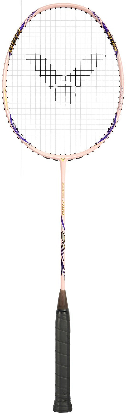 The Victor Auraspeed 7100 4U Badminton Racket by Victor features a pink and purple frame, black logo-patterned strings, and a black grip handle, displayed against a white background.