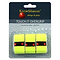 The packaging for the Kirschbaum Touch It Badminton Overgrip 3 Pack - Yellow stands out in vibrant yellow, emphasizing its "extremely tacky" qualities for enhanced grip. Every roll is secured with a black band that showcases the renowned red cherry logo, promising excellent absorption and an unparalleled grip experience.