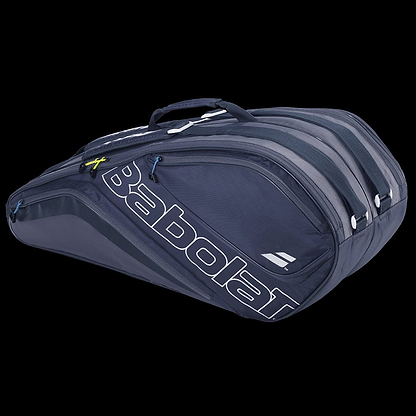 A Babolat Evo Court L racket bag in grey and blue, with multiple compartments and a handle on top, made from eco-friendly recycled PET material, set against a black background.