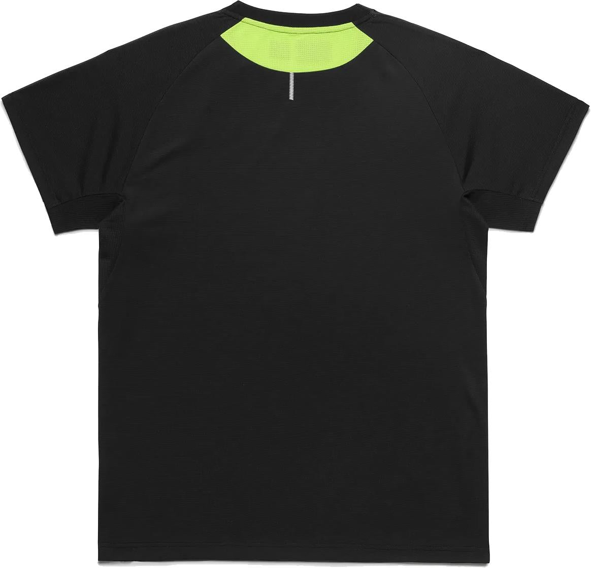 The Yonex 10711YX Crew Neck Mens Badminton T-Shirt in black is shown from the back, featuring a neon yellow inner collar. This Yonex shirt has a simple, modern design ideal for performance badminton apparel.