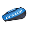 Dunlop FX Club 3 Racket Badminton Bag in black and blue, featuring two compartments, a top carry handle, and a shoulder strap. The "DUNLOP" logo is prominently displayed in white on both the side and top of the bag.