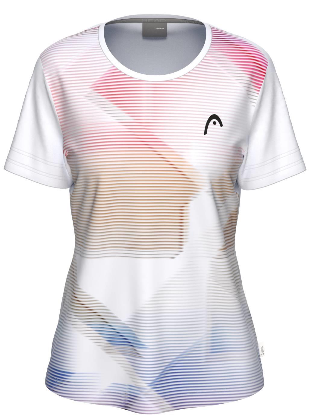 The HEAD Tie-Break II Women’s Badminton T-Shirt - LBXW is a short-sleeve white top with thin pink, blue, and tan stripes. It features moisture-wicking fabric, a black logo on the left chest, a round neckline, and an abstract modern design.
