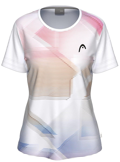 The HEAD Tie-Break II Women’s Badminton T-Shirt - LBXW is a short-sleeve white top with thin pink, blue, and tan stripes. It features moisture-wicking fabric, a black logo on the left chest, a round neckline, and an abstract modern design.