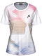 The HEAD Tie-Break II Women’s Badminton T-Shirt - LBXW is a short-sleeve white top with thin pink, blue, and tan stripes. It features moisture-wicking fabric, a black logo on the left chest, a round neckline, and an abstract modern design.
