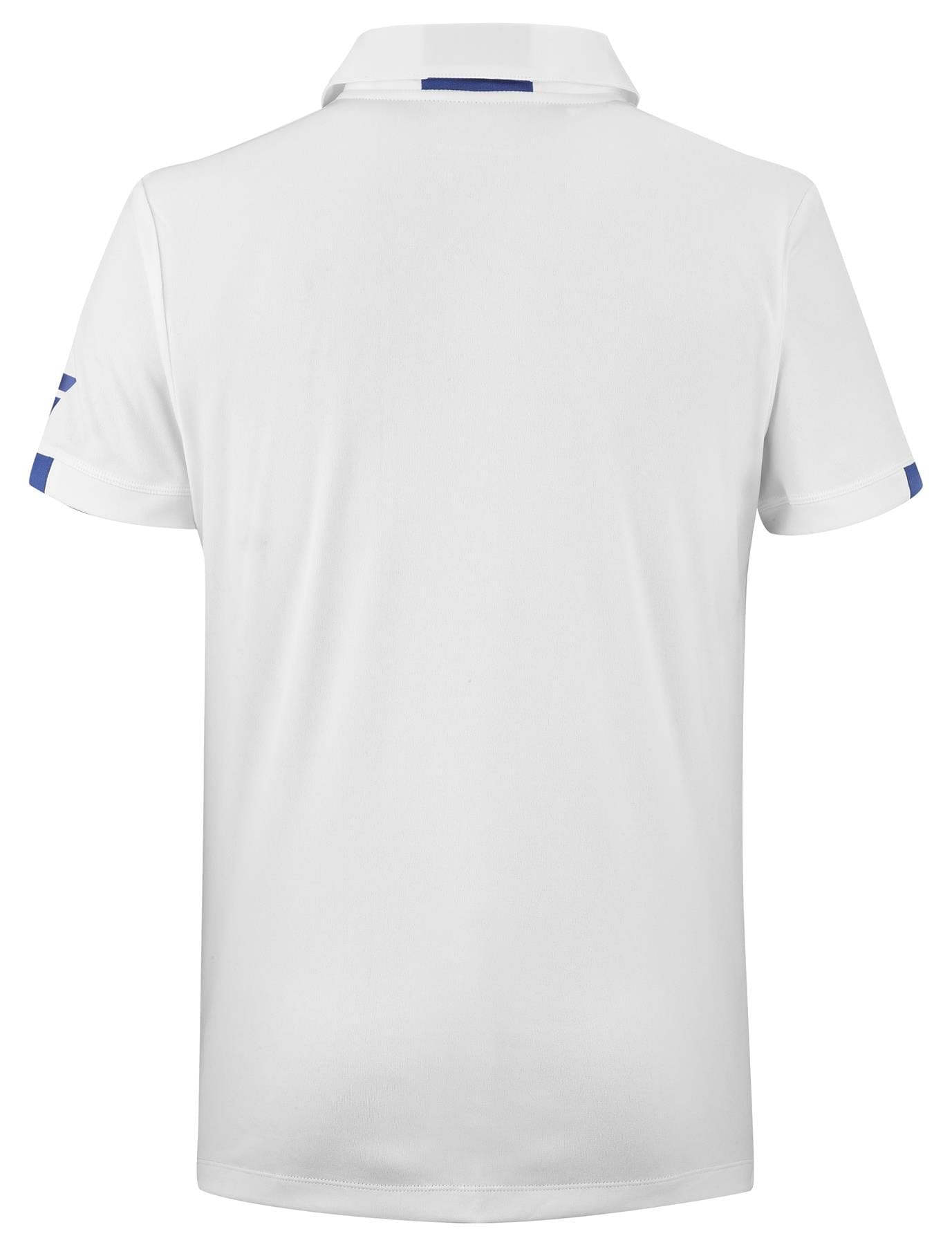 The back view of the Babolat Play Men's Badminton Polo Shirt in white showcases a plain, short-sleeved design with a collar. Made from recycled polyester fabric, this polo features subtle blue detailing on the sleeves and is presented against a simple background.