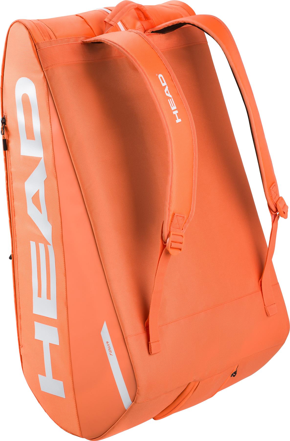 The HEAD Tour 12 Racket Badminton Bag XL - Orange features white branding, climate control tech, two shoulder straps, a spacious main compartment, and a sleek design perfect for carrying rackets or sports gear.