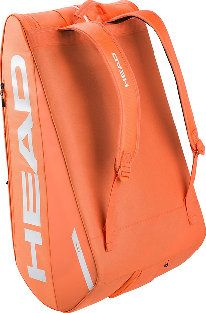 The HEAD Tour 12 Racket Badminton Bag XL - Orange features white branding, climate control tech, two shoulder straps, a spacious main compartment, and a sleek design perfect for carrying rackets or sports gear.