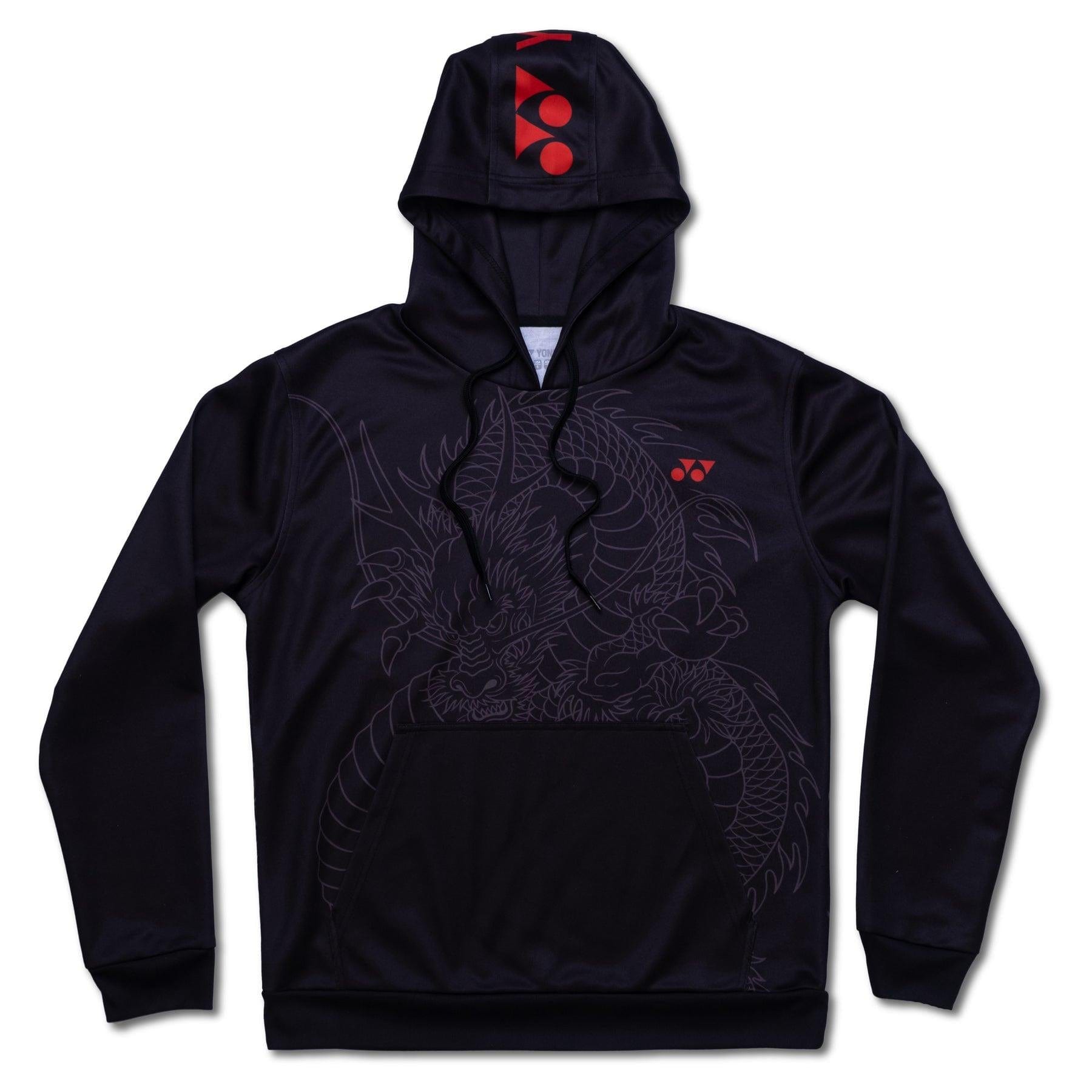 Introducing the Yonex CNY2024 Linear Dragon Unisex Badminton Hoodie in black, a stunning creation featuring a subtle dragon design on the front. This piece beautifully combines tradition and style with a striking red Yonex logo on the hood and left chest. Complete with a drawstring hood and front pocket, this hoodie is designed for ultimate comfort.