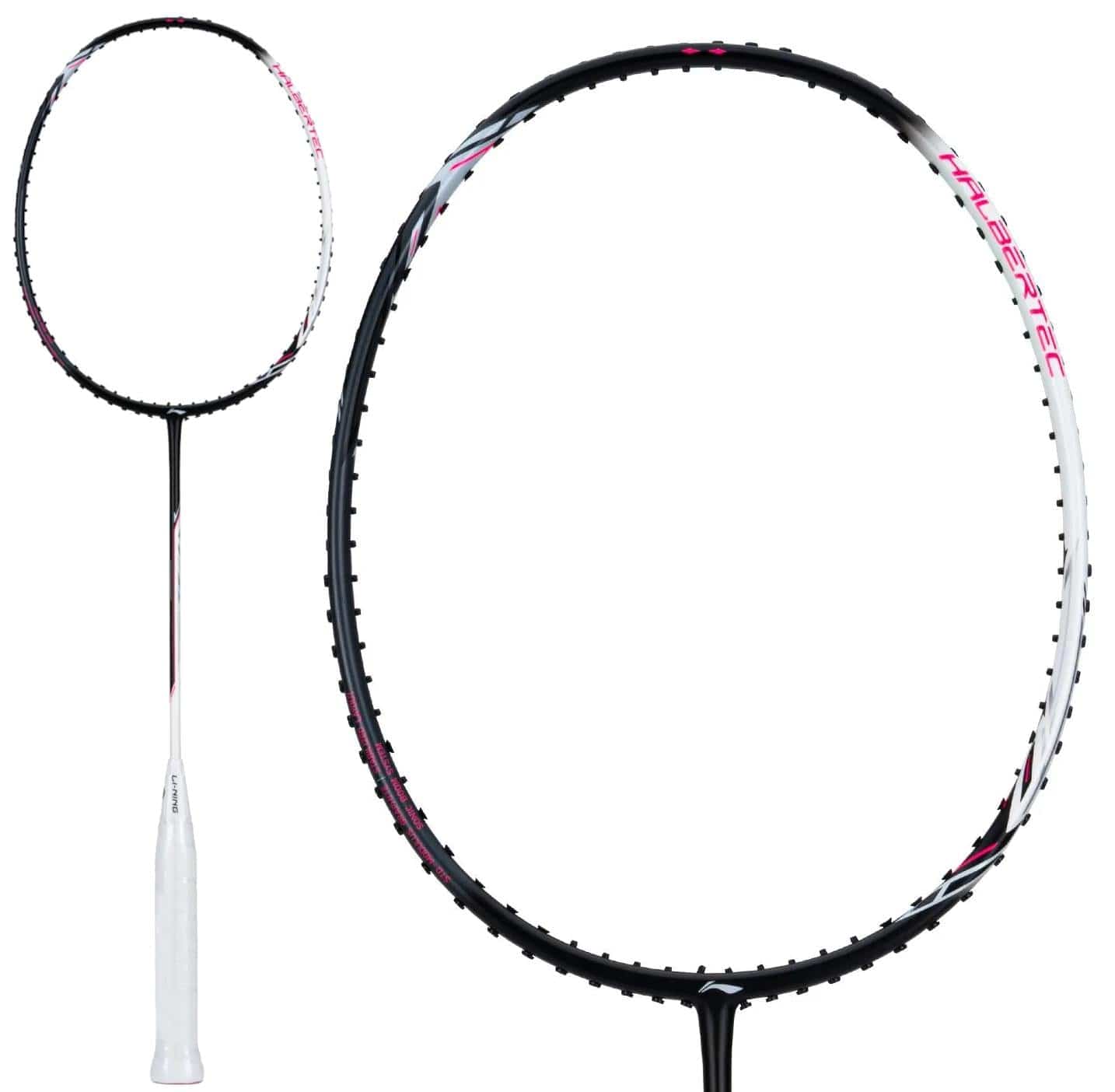 The Li-Ning Halbertec 2000 3U Badminton Racket - Cool Ebony features a white handle, black shaft, and a black and white frame with red accents, offering optimal swing weight balance and "HILBERTIC" branding.