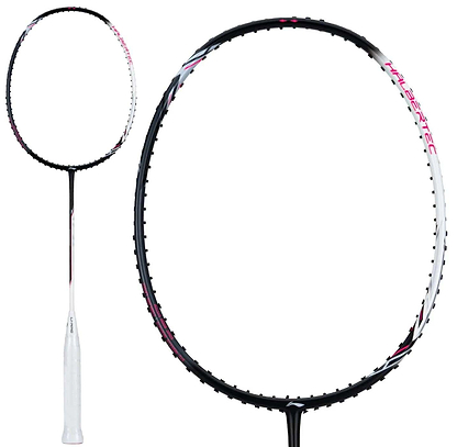 The Li-Ning Halbertec 2000 3U Badminton Racket - Cool Ebony features a white handle, black shaft, and a black and white frame with red accents, offering optimal swing weight balance and "HILBERTIC" branding.