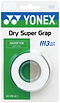 The Yonex AC149-3EX Dry Super Grap Badminton Overgrip (3 Pack) - White is shown coiled inside packaging with a clear plastic window, featuring Yonex’s green and white branding and racket grip information on the front.