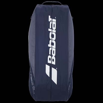 A grey and blue Babolat Evo Court L Racket Bag, crafted from recycled PET, featuring white branding on a black backdrop. This eco-friendly bag is displayed upright, highlighting its sleek design.