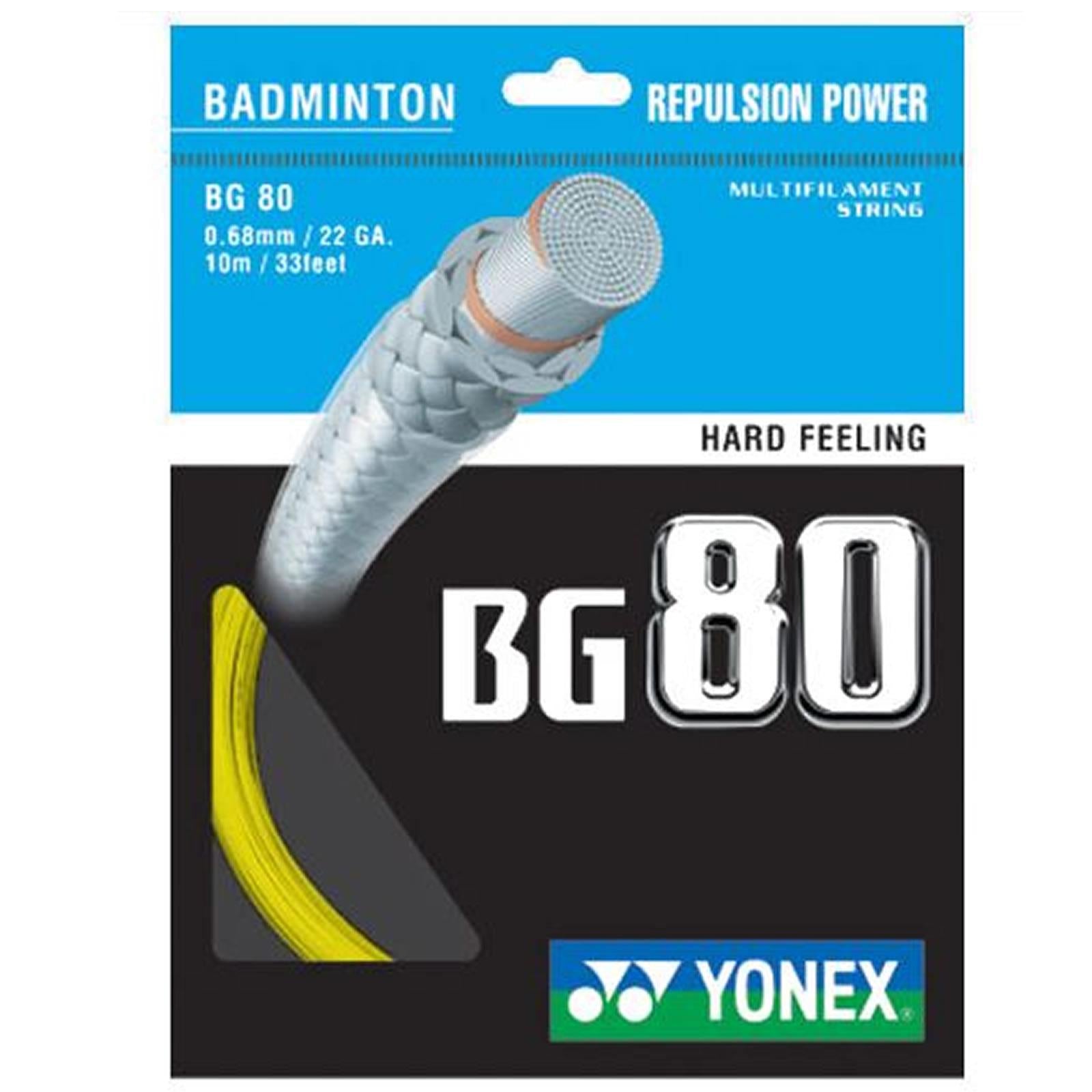 The Yonex BG 80 Badminton String Yellow 0.68mm 10m Packet features a close-up of yellow string, bold "BG80" text, and highlights its high repulsion power and hard feeling on a blue and black Yonex-branded package.