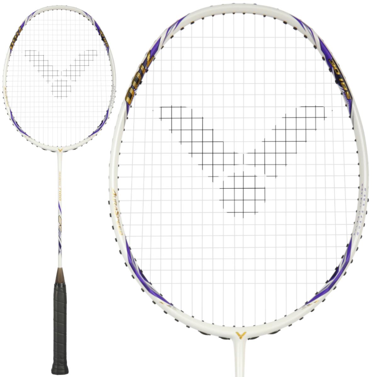 The Victor Auraspeed 7100 4U Badminton Racket in white features a black grip and purple-gold accents, with close-up views of its string pattern and central logo—ideal for beginners. Brand: Victor.