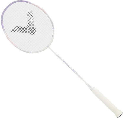 The Victor Thruster K 66 AJ 7U Badminton Racket by Victor features a white and purple design with a slim shaft, photographed on a plain white background. This lightweight racket offers excellent control and speed.