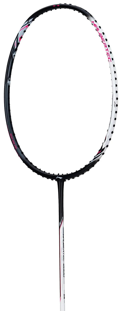 The Li-Ning Halbertec 2000 3U Badminton Racket - Cool Ebony features a black, white, and pink design with an oval head and slim straight shaft for optimal swing balance, shown against a white background.