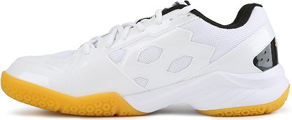 The Yonex Power Cushion SHB 101 Badminton Shoes in White/Gold feature shock-absorbing Power Cushion tech, a rubber yellow sole, black inner lining, and a mesh/synthetic upper. Brand: Yonex. Shown in side view.