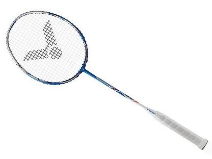 The Victor Jetspeed 12 II F Badminton Racket - Blue offers a sleek blue and white design with a comfortable white grip. Crafted by Victor using Pyrofil Carbon fibre, its lightweight Aero-Sword frame is optimized for performance, boasting a string pattern centered around the logo on the racket's head.