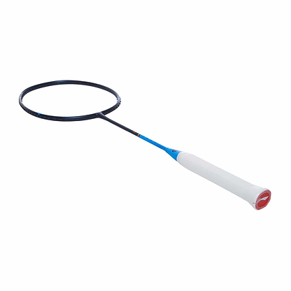 The Li-Ning Limited Edition 'Wind' 4U Badminton Racket Box Set, known for its white grip, blue shaft, and black frame, is stylishly arranged at a diagonal angle against a simple white background.