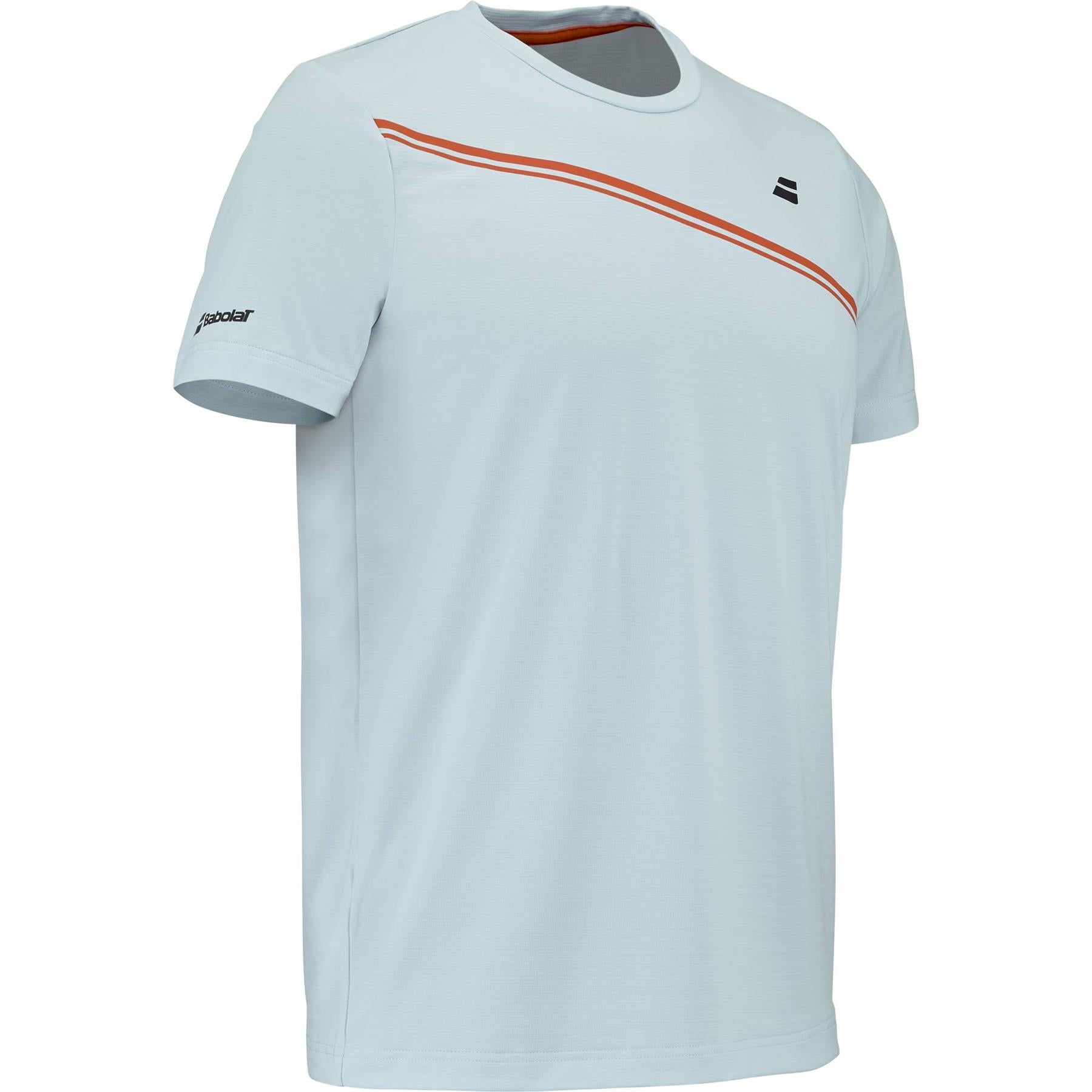 The Babolat Play Mens Crew Neck Badminton T-Shirt in Illusion Blue features a diagonal orange chest stripe, black logo accents on the chest and sleeve, and a classic crew neckline for men's athletic style.