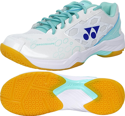 The Yonex Power Cushion SHB 101 Badminton Shoes in White/Mint feature aqua blue laces, light blue interior accents, hexagonal patterns, a blue logo, bright yellow textured soles, and advanced Power Cushion shock absorption for comfort.