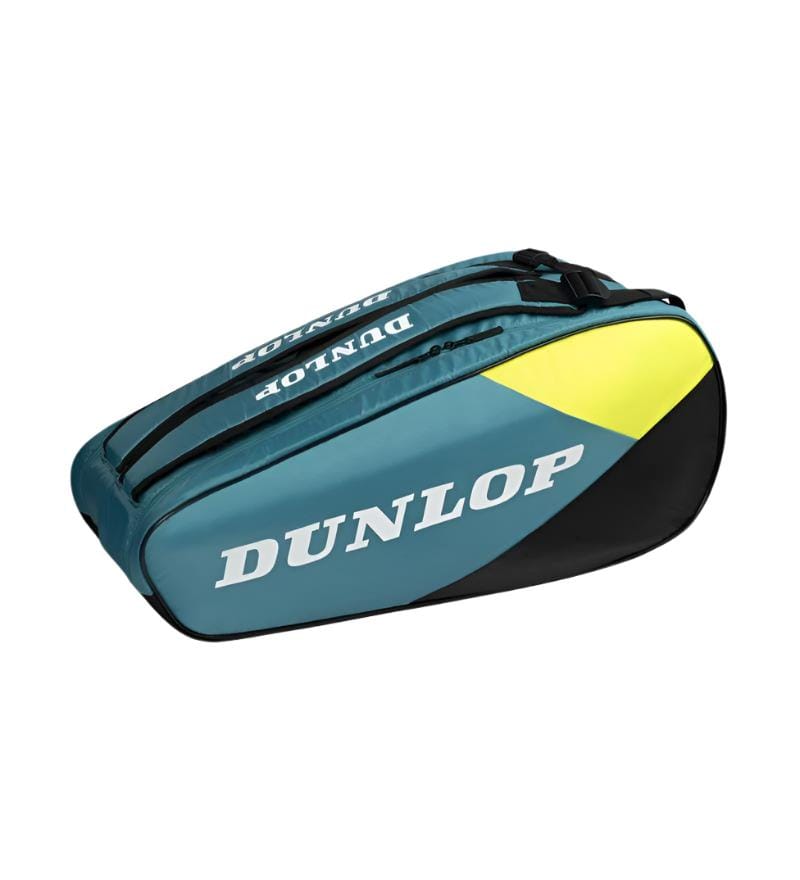 The Dunlop SX Club 10 Racket Badminton Bag in teal, black, and yellow showcases the "DUNLOP" brand name and features two main zippered compartments with padded backpack straps for convenient, stylish court use.