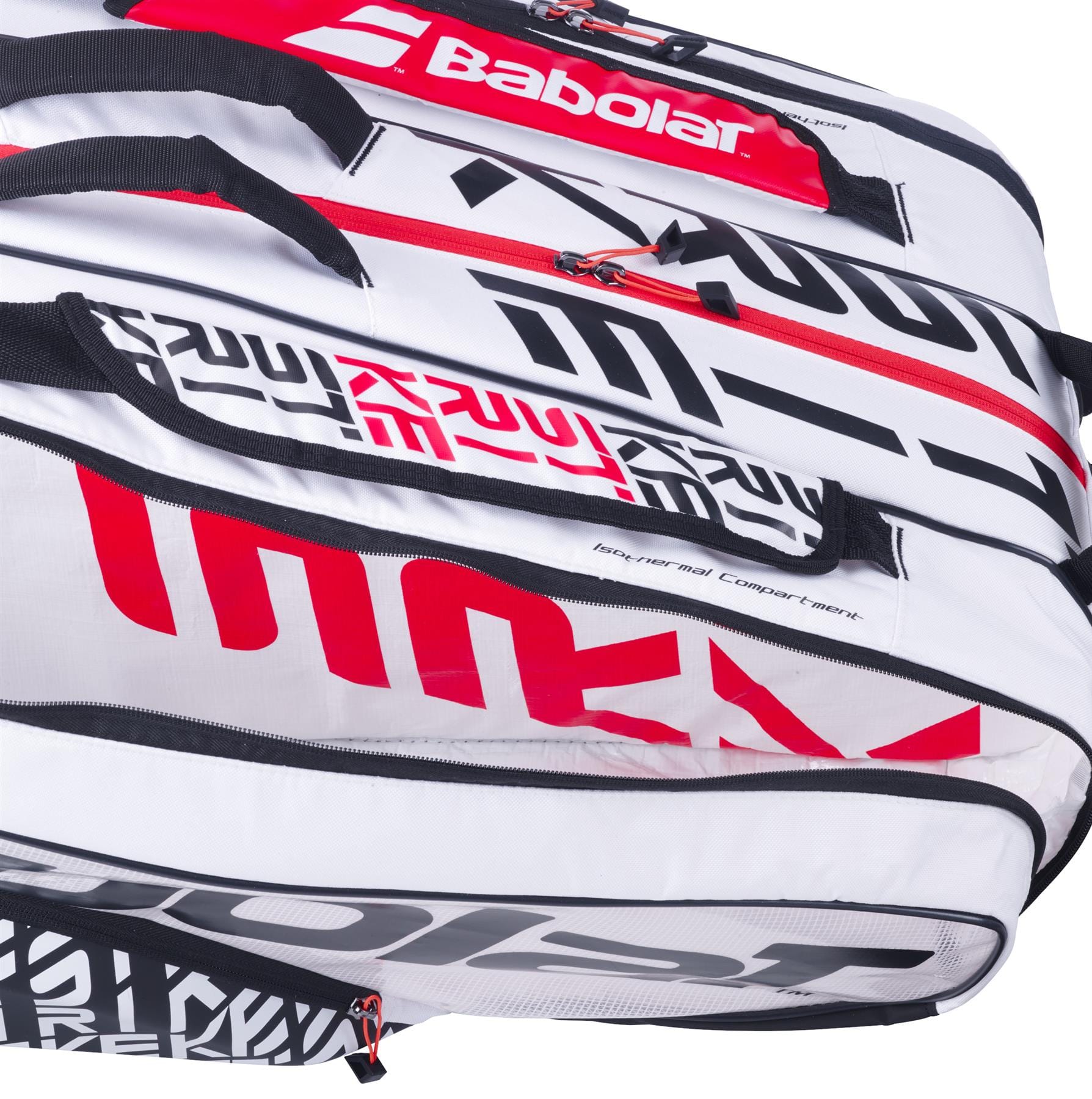 Close-up of the Babolat RH12 Pure Strike 12 Racket Bag in white, black, and red. The bag features bold modern lettering and a variety of compartments, including a Clear View Shoe Compartment, offering ample storage for tennis gear.