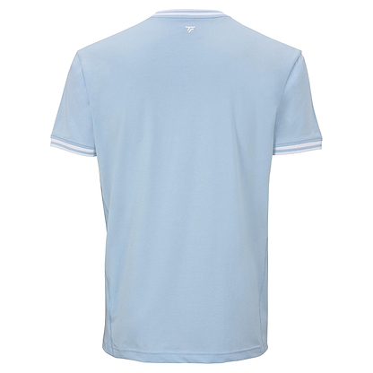 The Tecnifibre Team Stretch Men's Badminton T-Shirt in Glacier Blue is shown from the back, with white sleeve trim and a small white logo below the neckline—ideal for performance training.