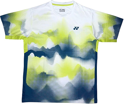 The Yonex YTM2025A Men's Badminton T-Shirt in white features short sleeves, a pixelated pattern in lime green, navy blue, and black, moisture-wicking fabric, and a small Yonex logo on the chest.