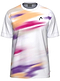 The HEAD Blur Mens Badminton T-Shirt - PUXU by HEAD features blurred purple, orange, and pink streaks on a white base and a small black logo on the left chest. This breathable shirt offers comfort and style for active play.