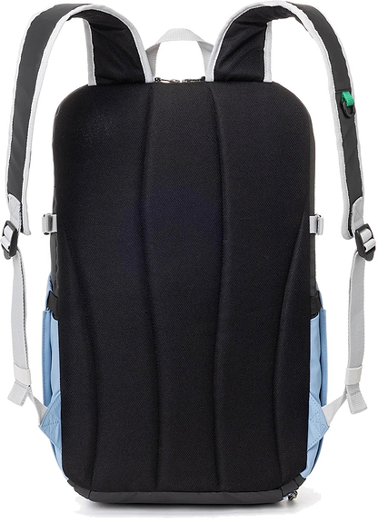 The Yonex BA52512EX Club Badminton Backpack in black and blue features padded shoulder straps, a black padded back panel, and white webbing adjustment straps—ideal for carrying your badminton gear in comfort.