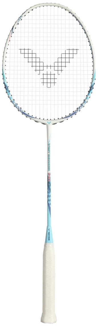 The Victor Wrist Enhancer 140 M Training Badminton Racket - White by Victor features a white and light blue design, white grip, and a black V-shaped string bed pattern, ideal for training.