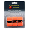 The Kirschbaum Touch It Badminton Overgrip 3 Pack in Orange features sleek packaging displaying three orange overgrips adorned with black bands and a red cherry logo. A close-up of water droplets highlights the tacky grip feel and exceptional absorption, underscoring the durability of these grips from Kirschbaum.
