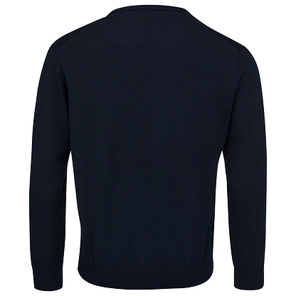 The HEAD Men's Pullover Jumper is a solid dark blue long-sleeve sweater crafted from merino wool, set against a white background. The image showcases the back of the jumper, emphasizing its stylish and comfortable design in a plain color.