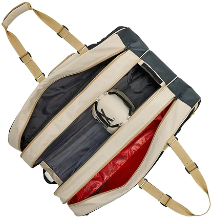 The Yonex BA726212EX Gearlogic 12 Racket Badminton Bag in beige is open, showing its spacious interior with gray and red fabric linings and a shoe compartment for easy storage.