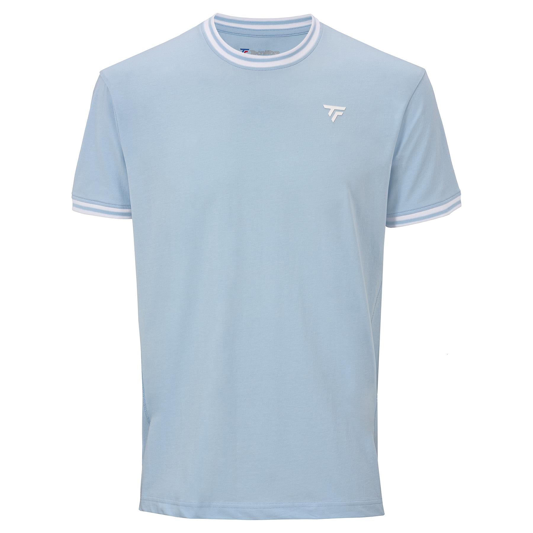 The Tecnifibre Team Stretch Men's Badminton T-Shirt in Glacier Blue offers style and comfort with white and blue trim, a small chest logo, and performance stretch fabric—ideal for training.